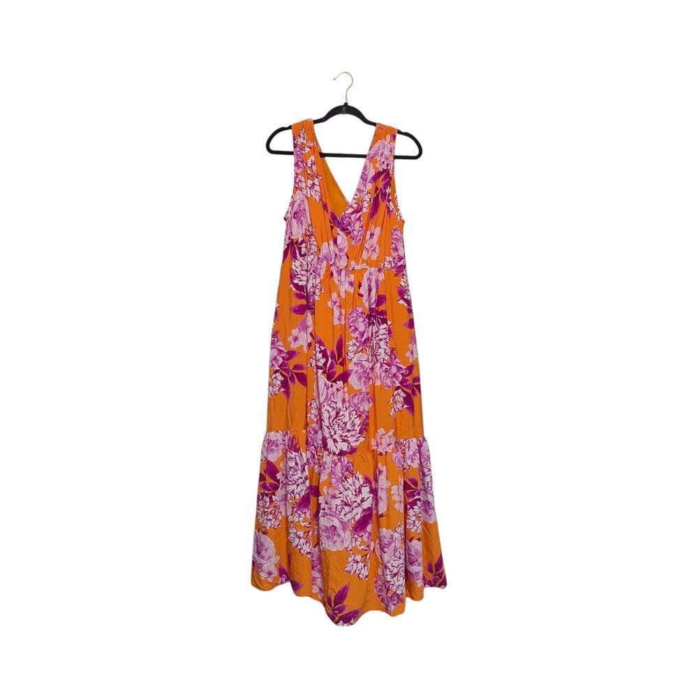 Anthropologie Gathered Maxi Dress Tiered Orange Pink Floral Womens 1X V Neck - Picture 3 of 6